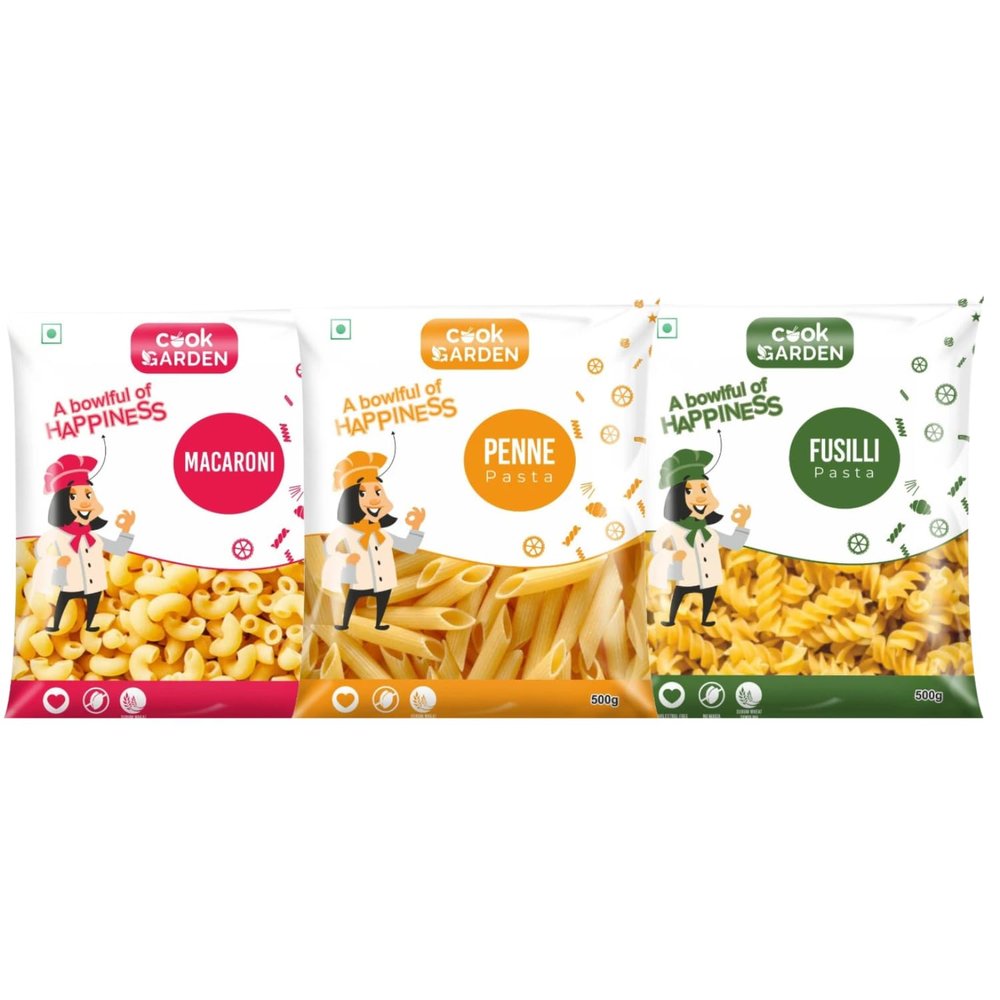 Cook Garden 100% Semolina | High Protein Healthy Diet | Maida Free & Cholesterol Free Macaroni, Fusilli, Penne Rigate Pasta (Pack of 3, 1500 g)