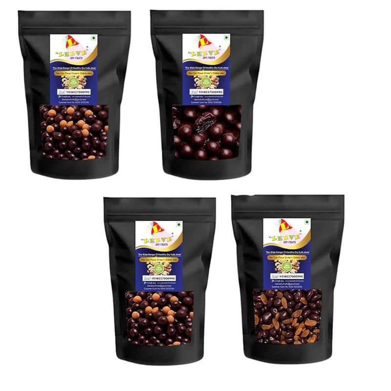 Leeve Dry Fruits Choco Coated Raisin, Dates,Butterscotch Nut Combo Pack | High Fiber & Rich In Protein | Chocolate Coated Delicious Nuts | Preservatives Free Ideal for Travel | 200gm Each, Pack of 4