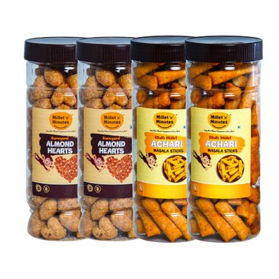Millet 'n' Minutes Almond Hearts and Achari Masala Sticks Combo Pack, 4 Jars, Traditional Indian Snacks, Golden Brown