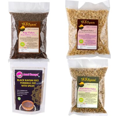 Ikkivam Diabetic Combo of Baija Jowar & Ragi flakes (Pack of 3, 250g Each) & Black Kavuni Rice Porridge Mix with Spices 100g | Organic Finger Millet Ragi Flakes, Miracle Millet | Healthy Breakfast Cereal for Adults & Children | Gluten-Free | Choleste