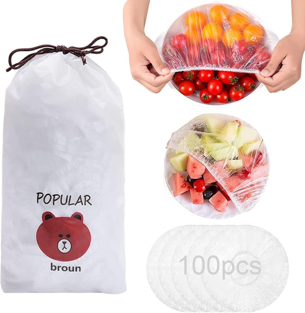 FOXIGON 100 Pcs Reusable Elastic Food Storage Covers  Plastic Stretch Bowl Lids for Kitchen, Fridge & Containers | Adjustable Universal Sealing Wraps (40x40x2 cm)