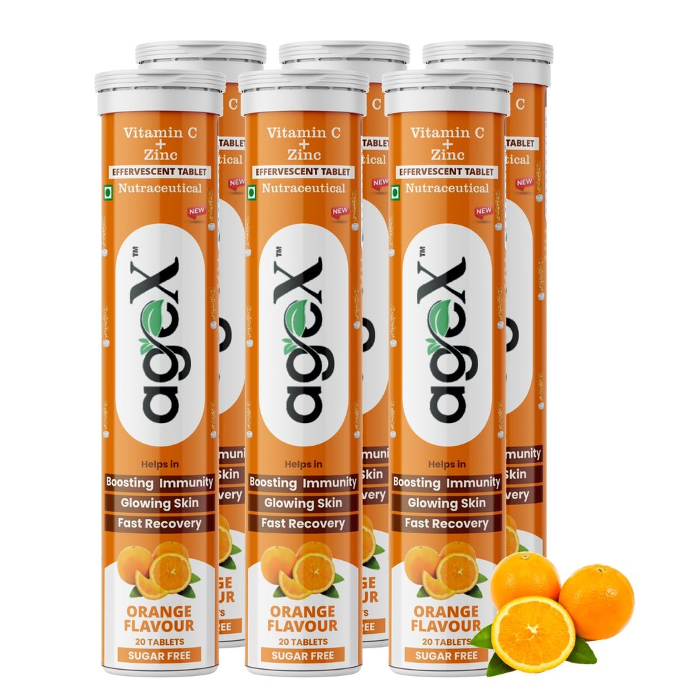 AgeX Vitamin C+Zinc Effervescent Tablets | Natural Amla Extract 1000mg + Vit C 80mg + Zinc 10mg | Immunity Booster for Skin, Hair & Nails | Supports Collagen Production |Orange Flavour | Sugar-Free | 120 Effervescent Tablets (Pack of 6)