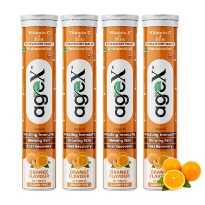 AgeX Vitamin C+Zinc Effervescent Tablets | Natural Amla Extract 1000mg + Vit C 80mg + Zinc 10mg | Immunity Booster for Skin, Hair & Nails | Supports Collagen Production |Orange Flavour | Sugar-Free | 80 Effervescent Tablets (Pack of 4)