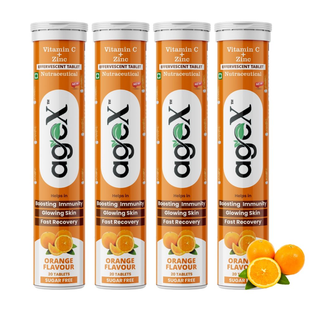 AgeX Vitamin C+Zinc Effervescent Tablets | Natural Amla Extract 1000mg + Vit C 80mg + Zinc 10mg | Immunity Booster for Skin, Hair & Nails | Supports Collagen Production |Orange Flavour | Sugar-Free | 80 Effervescent Tablets (Pack of 4)