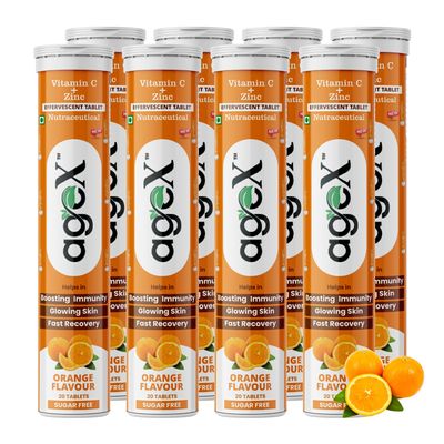 AgeX Vitamin C+Zinc Effervescent Tablets | Natural Amla Extract 1000mg + Vit C 80mg + Zinc 10mg | Immunity Booster for Skin, Hair & Nails | Supports Collagen Production |Orange Flavour | Sugar-Free | 160 Effervescent Tablets (Pack of 8)