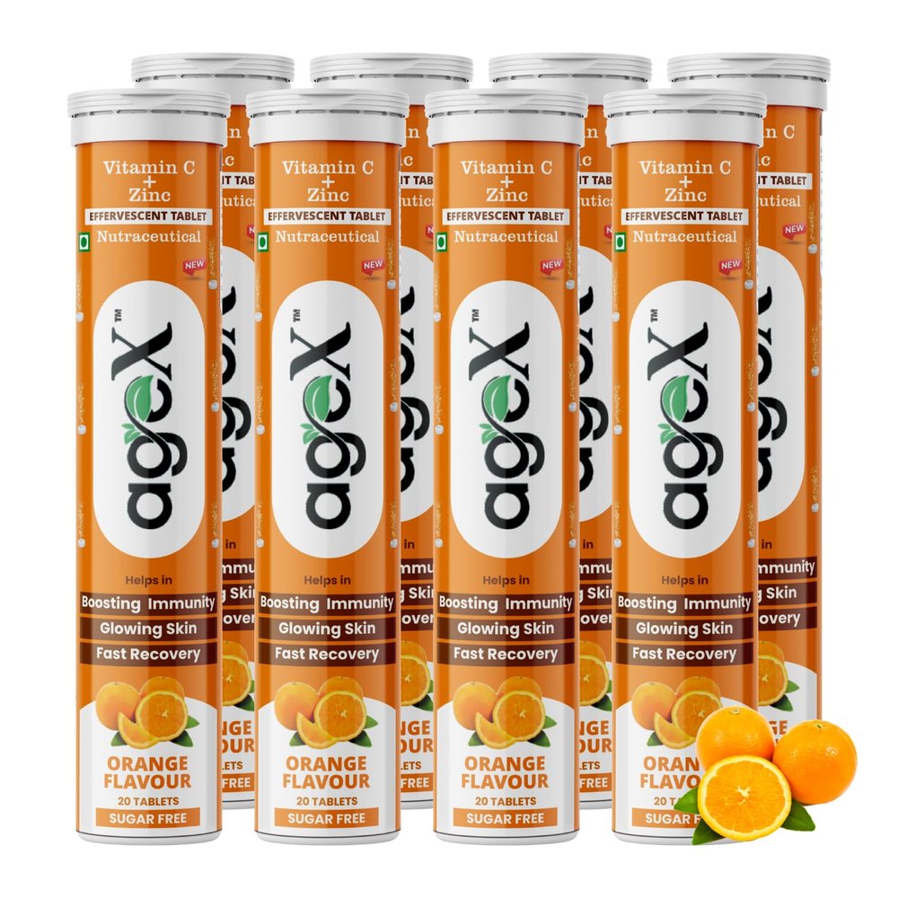 AgeX Vitamin C+Zinc Effervescent Tablets | Natural Amla Extract 1000mg + Vit C 80mg + Zinc 10mg | Immunity Booster for Skin, Hair & Nails | Supports Collagen Production |Orange Flavour | Sugar-Free | 160 Effervescent Tablets (Pack of 8)