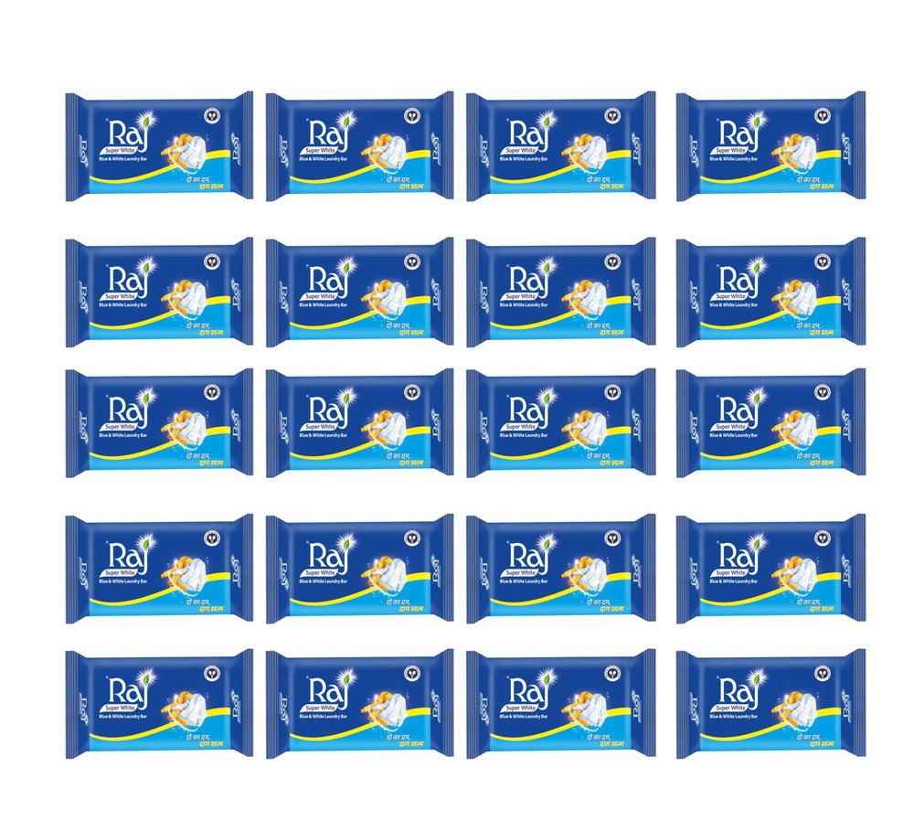 Raj Super White Blue and White Laundry Bar - 3 kg (Pack of 150g x 20pcs,) |   ,   | Powerful Dual-Action Cleaning for All Fabrics