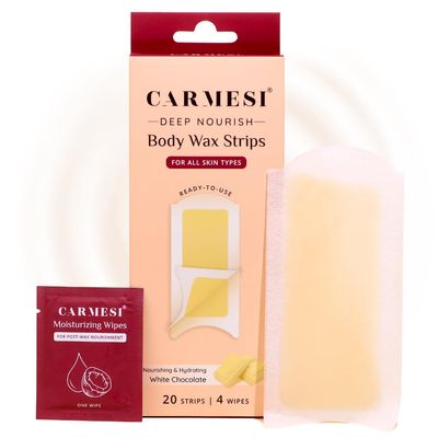 Carmesi Deep Nourish Body Wax Strips | 20 Wax Strips & 4 Post-Wax Wipes | White Chocolate Enriched | Safe for All Skin Types | Cold Waxing for Women's Hair Removal for Arms, Underarms, Legs & Bikini Area