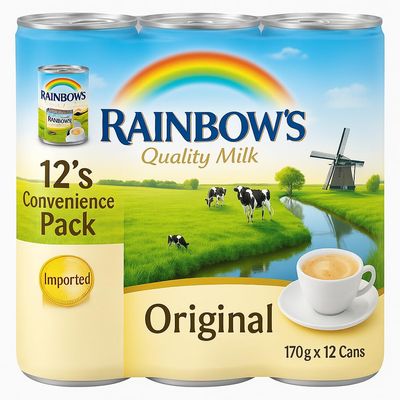 Rainbow's Quality Milk Original 12s Convenience Pack Long Shelf Life Evaporated Milk Ideal for Tea, Coffee & Desserts 170g x 12 Cans