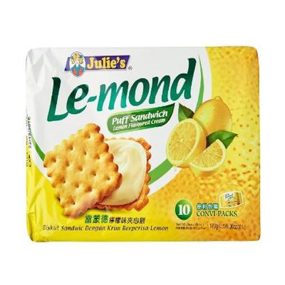 Julie's Le-mond Puff Sandwich Biscuits Lemon Flavour Cream, 170g | 10 Convenient Packs | Light, Crispy & Zesty | Imported Snack