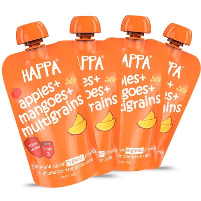 Happa Organic Baby Food Apple Mango and Multigrain Puree | 100% Fruits | No Added Sugar, No Milk Powder, No Preservatives | Stage 3 (8 Months+) | Ready to Eat | Free from Common Allergens | Pack of 4 (100g Each)