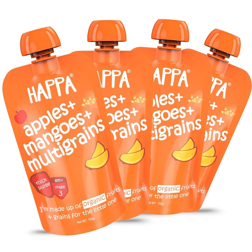 Happa Organic Baby Food Apple Mango and Multigrain Puree | 100% Fruits | No Added Sugar, No Milk Powder, No Preservatives | Stage 3 (8 Months+) | Ready to Eat | Free from Common Allergens | Pack of 4 (100g Each)
