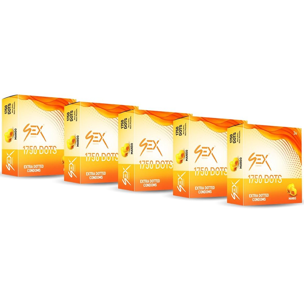4EX Condoms for Men (Pack of 5) | 1750 Extra Dotted | Mango Flavour | Extra Lubricated | Electronically Tested | Latex Condom (3 Condoms Per Pack)