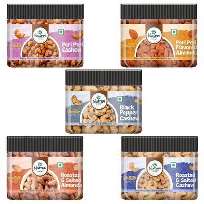 750g Assorted Nuts Gift Pack Peri-Peri Almonds, Peri-Peri Kaju, Roasted Salted Almonds, Roasted salted Cashew, Cashew Black Pepper (150g Each)
