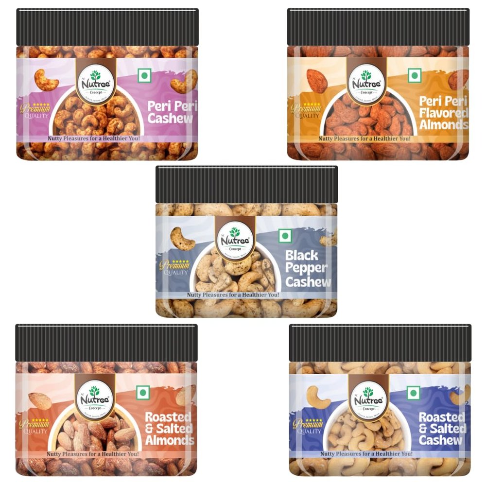 750g Assorted Nuts Gift Pack  Peri-Peri Almonds, Peri-Peri Kaju, Roasted Salted Almonds, Roasted salted Cashew, Cashew Black Pepper (150g Each)