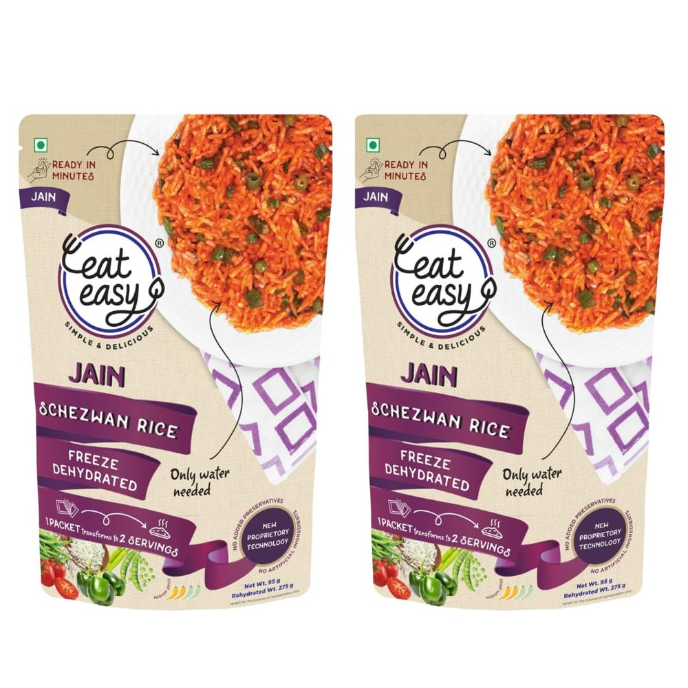 Eat Easy Jain Schezwan Rice 95g (Pack of 2) | No Garlic No Onion Ready to Eat & Cook | Freeze Dehydrated Instant Rice | 100% Veg | No Preservatives | Just Add Water