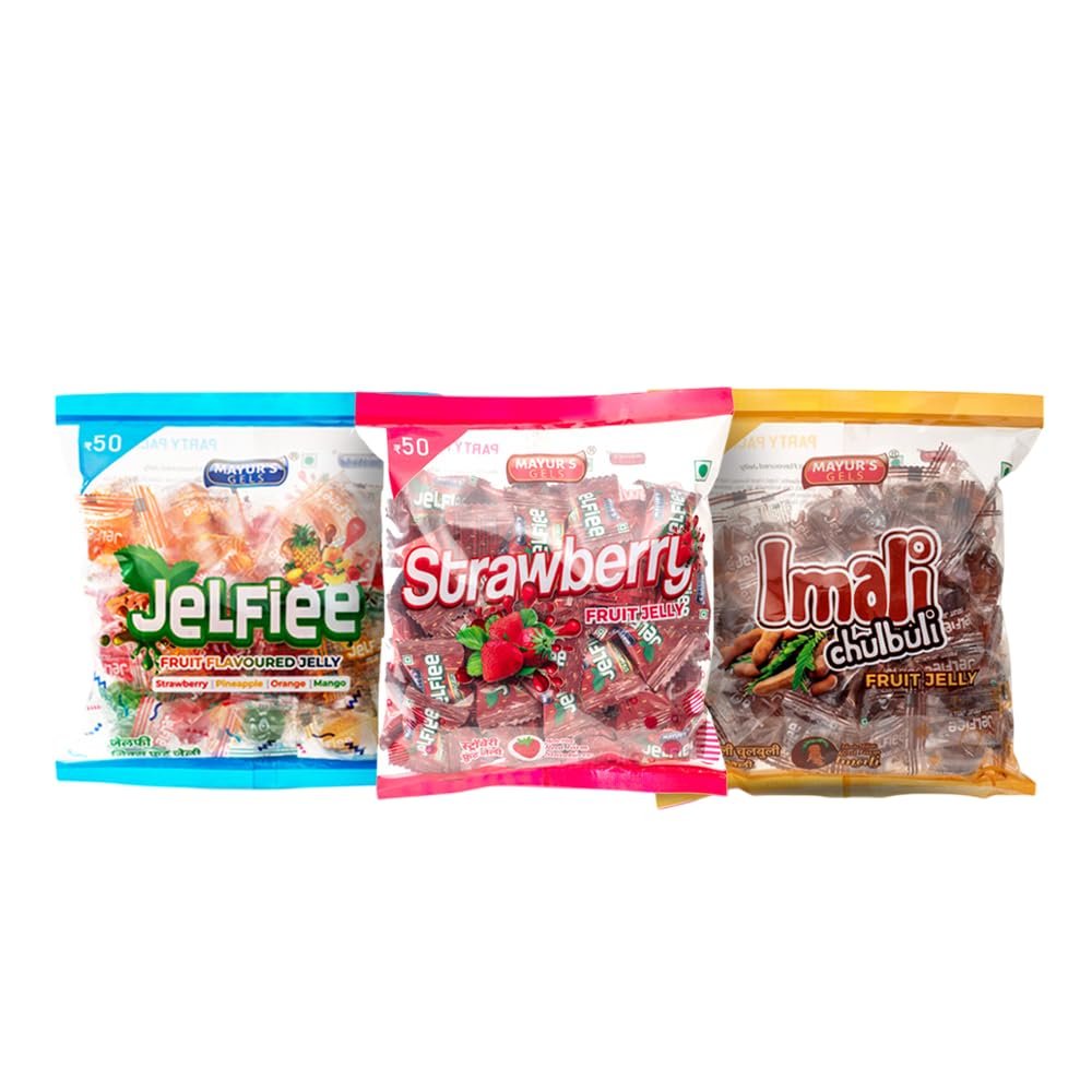 Mayurs Gels | Strawberry Imali Chulbuli Jelfiee Jelly Combo Pouch (3 packs of 175 gms) | Ideal for gifting and Sharing moments