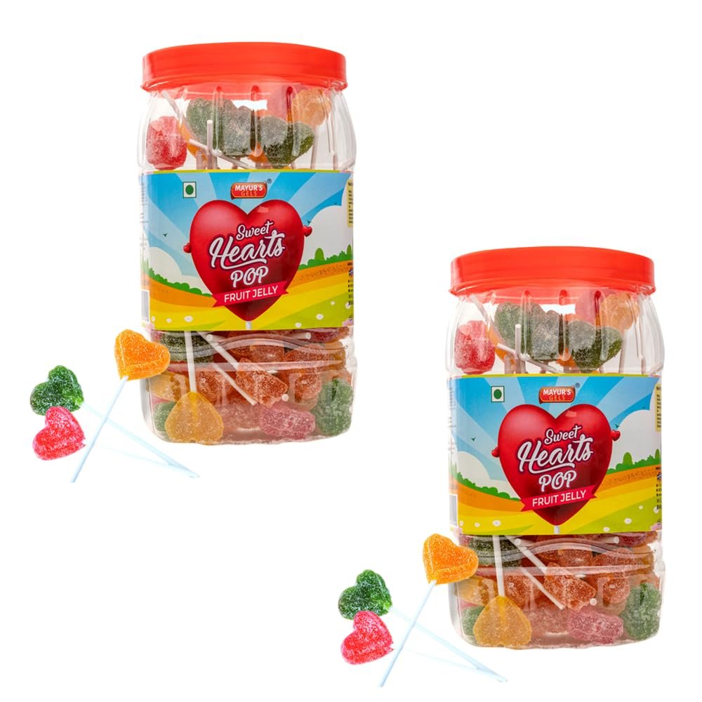 Mayurs Gels | Sweet Hearts Pop Jelly Lollipop Jar (100 Pcs x 7 gms) | Pack of 2 | Mixed Fruit flavours | For everyday enjoyment