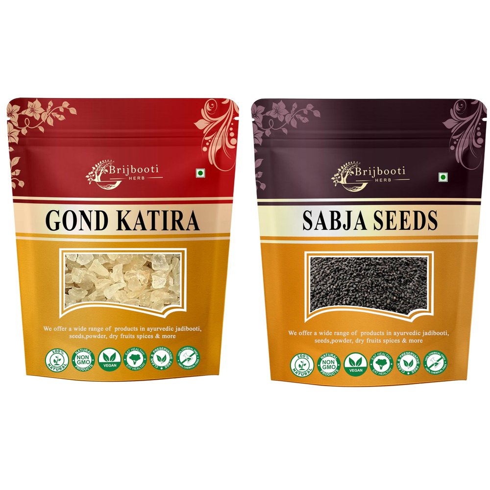 Brijbooti Gond katira and Sabja seeds Combo | Gond katira 100g and Sabja seeds 100g | Tragacanth Gum Crystals & Tukhmaria | Badam Pisin & Basil Seeds | Body Cooling Properties