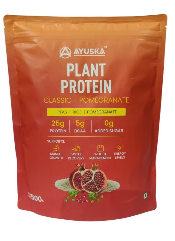 Ayuska Plant Protein Powder - Pomegranate 25g Protein | Easy to Digest Vegan Supplement for Men & Women | Plant-Based Protein 500g (Pack of 1)