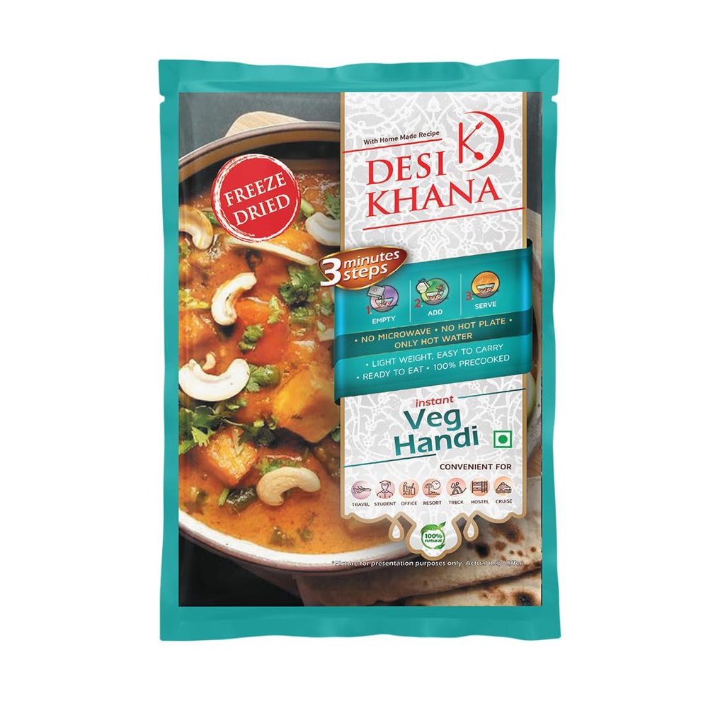 Desi Khana Ready to Eat (Pack of 1) Veg Handi - 3 Minute Instant Healthy Main Course Food Makes Approx 190-200 gm | Just Add Hot Water | Zero Preservative | Wholesome Meal(50g Pouch, Freeze Dried)