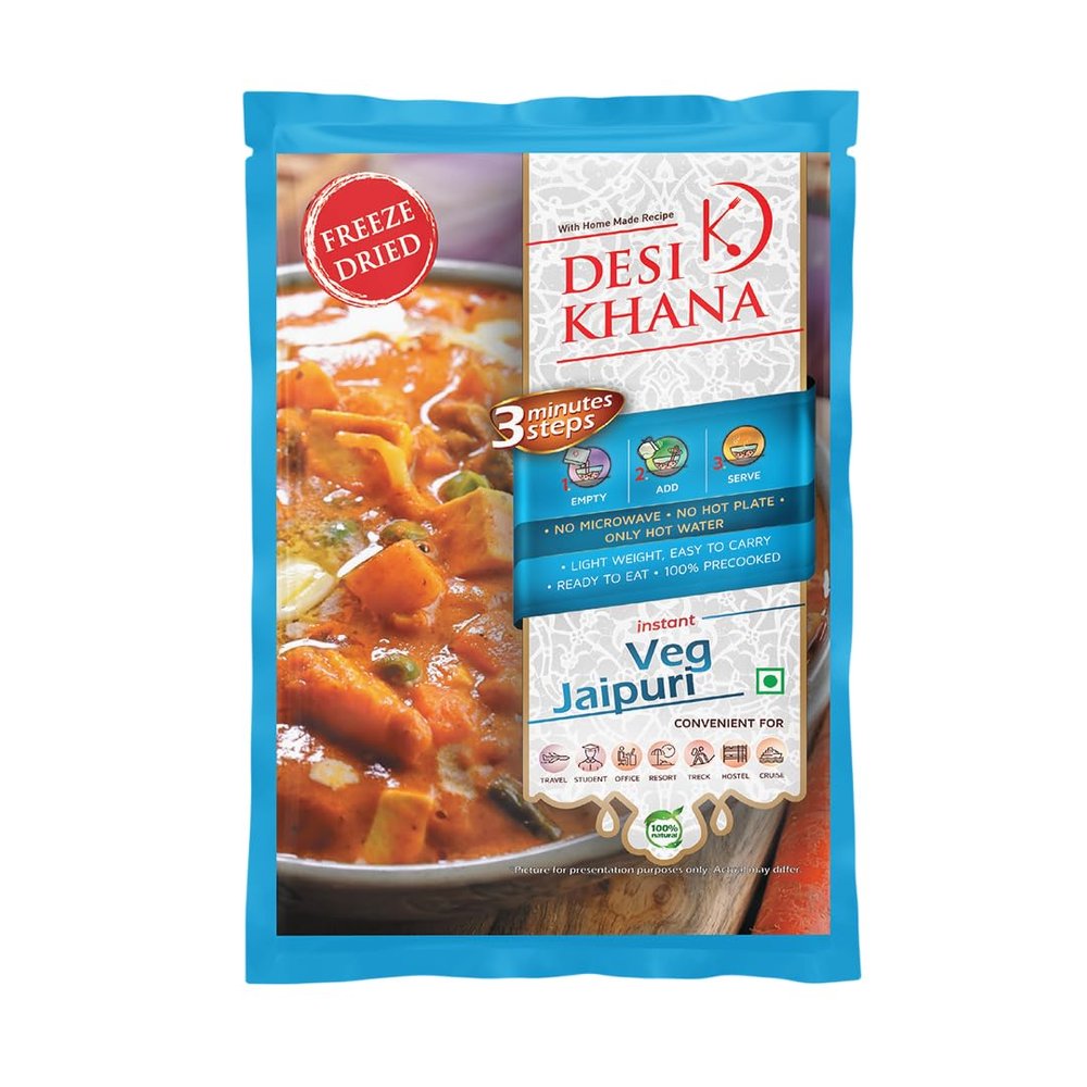 Desi Khana Ready to Eat Veg (Pack of 1) Jaipuri - 3 Minute Instant Healthy Main Course Food Makes Approx 205-215 gm | Just Add Hot Water | Zero Preservative | Wholesome Meal(45g Pouch, Freeze Dried)