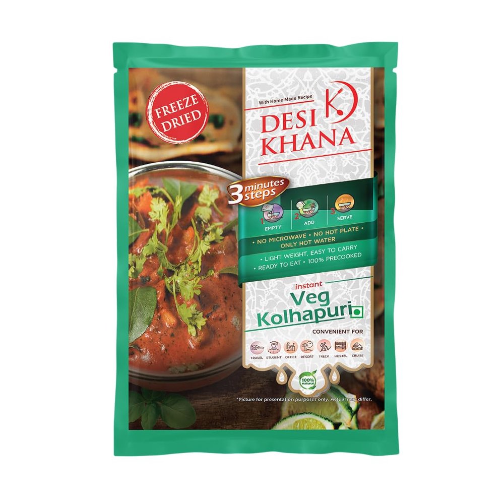 Desi Khana Ready To Eat (Pack Of 1) Veg Kolhapuri - 3 Minute Instant Healthy Main Course Food Makes Approx 205-215 gm | Just Add Hot Water | Zero Preservative | Wholesome Meal(45g Pouch, Freeze Dried)