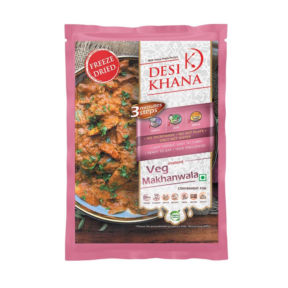 Desi Khana Ready To Eat (Pack Of 1) Veg Makhanwala - 3 Minute Instant Healthy Main Course Food Make Approx 190-200 gm | Just Add Hot Water | Zero Preservative | Wholesome Meal(50g Pouch, Freeze Dried)