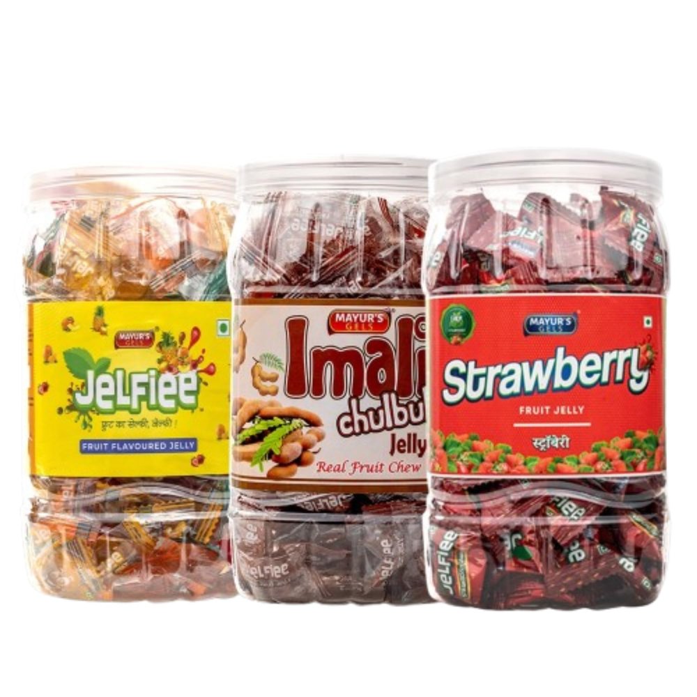 Mayurs Gels | Strawberry Imali Chulbuli Jelfiee Jelly Combo Jar (3 packs of 580 gms) | Ideal for gifting and Sharing moments