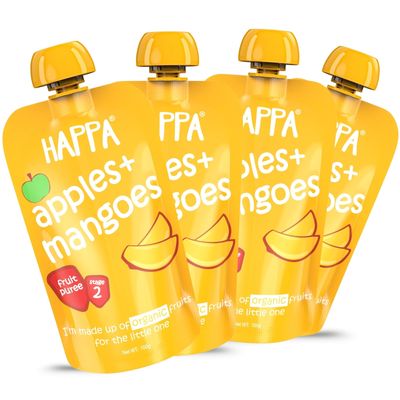 Happa Organic Baby Food Apple and Mango Puree | 100% Fruits | No Added Sugar, No Milk Powder, No Preservatives | Stage 2 (6 Months+) | Ready to Eat | Free from Common Allergens | Pack of 4 (100g Each)
