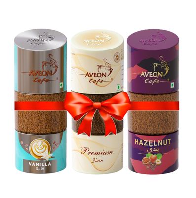 AVEON CAFE - Vanilla Premium Hazelnut Flavoured Coffee Combo (3 x 100g) | Smooth, Aromatic & Gourmet Blend | 100% Pure Coffee | Gift Ready Pack