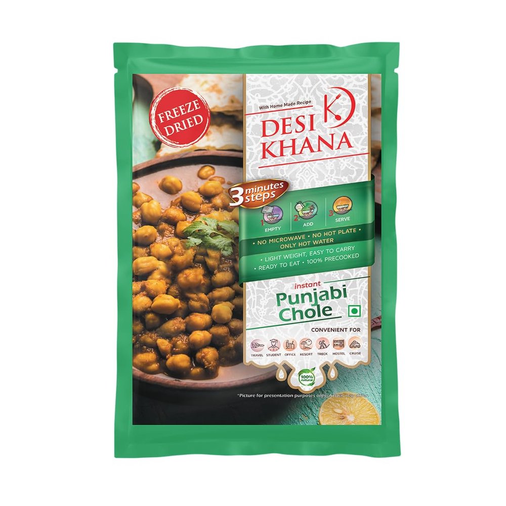 Desi Khana Ready To Eat (Pack Of 1) Punjabi Chole - 3 Minute Instant Healthy Main Course Food Makes Approx 180-200 gm | Just Add Hot Water | Zero Preservative | Wholesome Meal(60g Pouch, Freeze Dried)