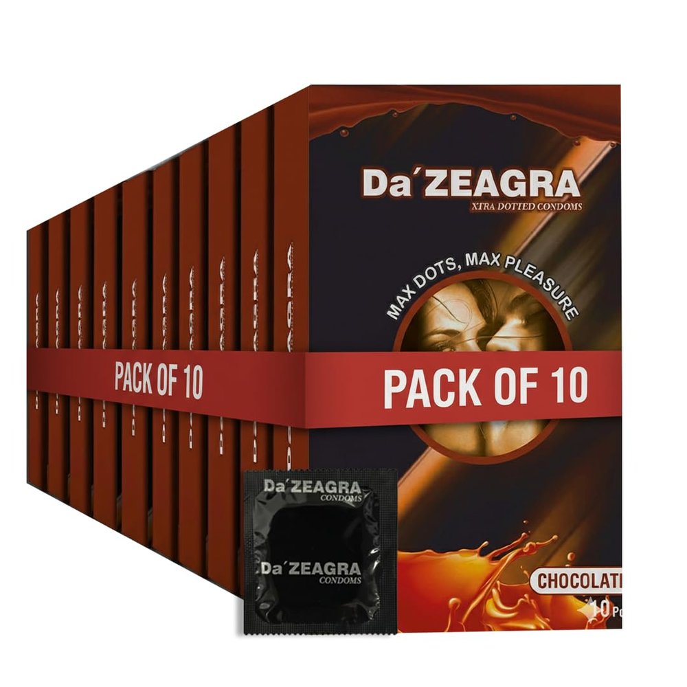 Da'Zeagra Extra Dotted Condoms for Men | Ribbed and Dotted for Extra Stimulation | Suitable for use | Chocolate Flavour Condom - (10 Count Each) - Pack of 10