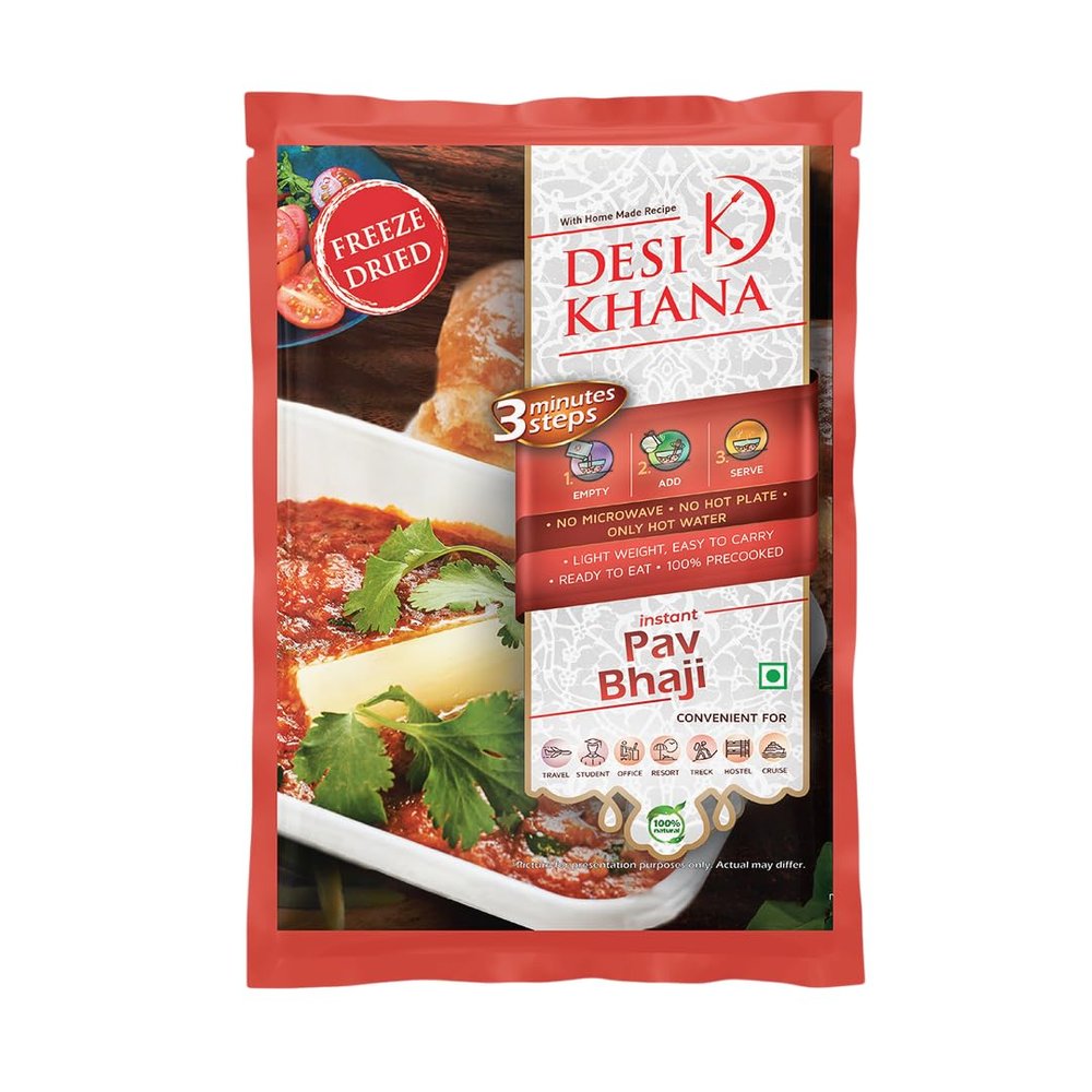 Desi Khana Ready to Eat (Pack of 1) Pav Bhaji - 3 Minute Instant Healthy Main Course Food Makes Approx 205-215 gm | Just Add Hot Water | Zero Preservative | Wholesome Meal(50g Pouch, Freeze Dried)
