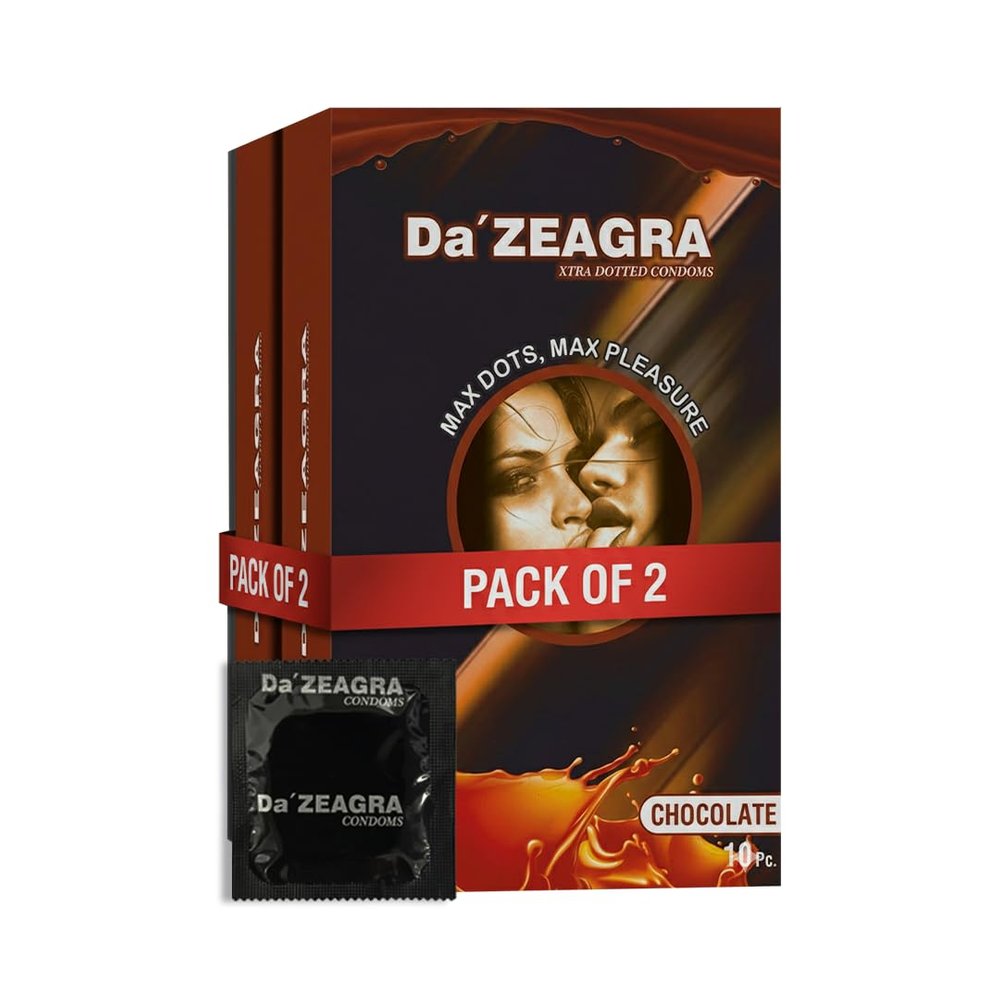 Da'Zeagra Extra Dotted Condoms for Men | Ribbed and Dotted | Chocolate Flavour Condom - (10 Count Each) Pack of 02