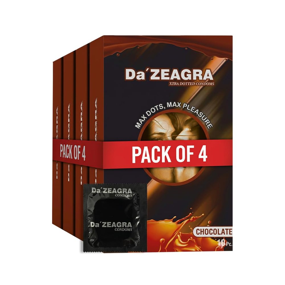 Da'Zeagra Extra Dotted Condoms for Men | Ribbed and Dotted for Extra Stimulation | Suitable for use | Chocolate Flavour Condom - (10 Count Each) - Pack of 04