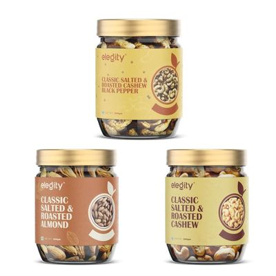 Elegity Combo Pack Roasted Cashew Plain Roasted Cashew Black Pepper and Almonds (250gm Each) | Healthy Snack | Ideal for Gifting & Daily Snacking | No Artificial Colors, Oil or Preservatives
