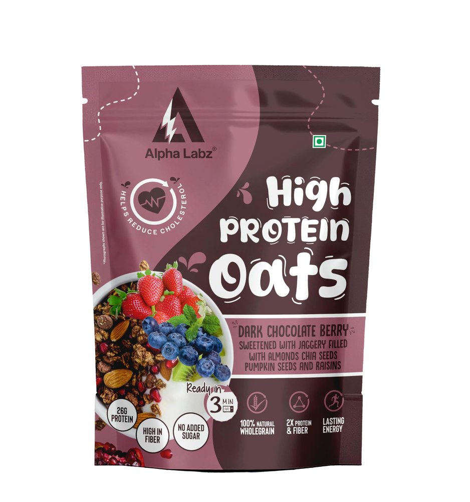 Alpha Labz 26g Whey Protein Oats 1kg | Dark Chocolate Berry, Almonds, Raisins, Chia Seeds & Pumpkin Seeds | Whey Protein Blend | High Fibre Breakfast | Rolled Oats | No Refined Sugar | No Added Preservatives, Breakfast Cereals | Gluten Free