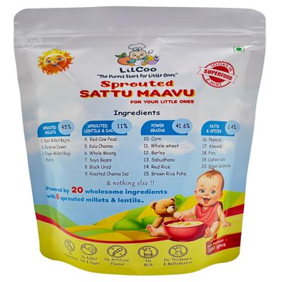 LilCoo Sprouted Sattu Maavu| 20 power ingredients with 8 sprouted| Rich in Protein, Iron & Calcium | Healthy Weight Gain| Immunity Boost| Sprouted Millets (Ragi/nachni, Jowar, Bajra), Sprouted Pulses & lentils, Power Grains, Nuts & Seeds| No sugar & 