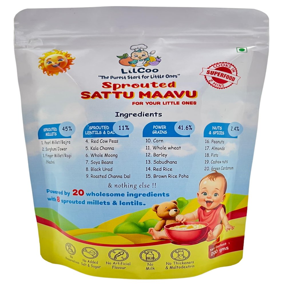 LilCoo Sprouted Sattu Maavu| 20 power ingredients with 8 sprouted| Rich in Protein, Iron & Calcium | Healthy Weight Gain| Immunity Boost| Sprouted Millets (Ragi/nachni, Jowar, Bajra), Sprouted Pulses & lentils, Power Grains, Nuts & Seeds| No sugar &