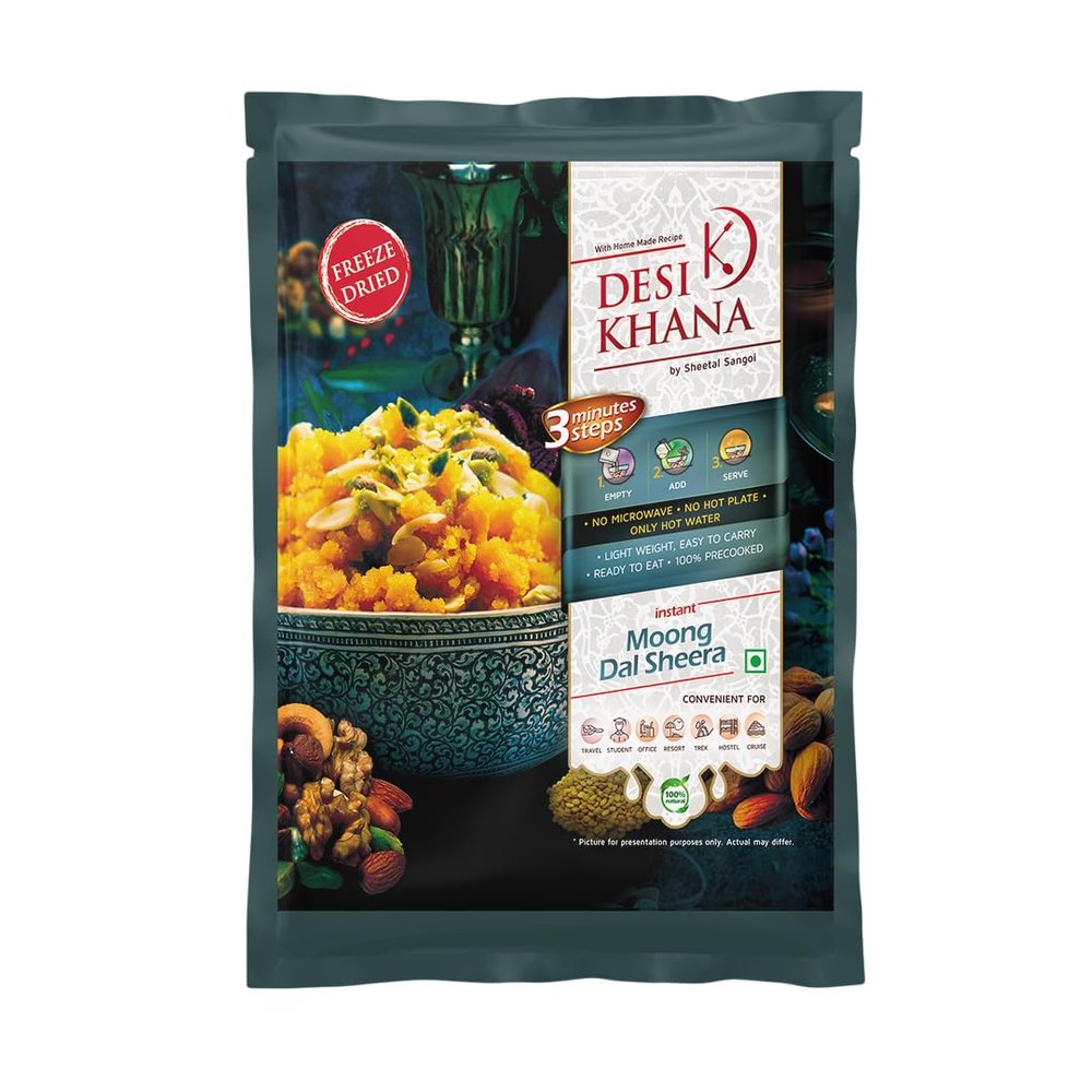 Desi Khana Ready to Eat (Pack of 1) Moong Dal Sheera - 3 Minute Instant Healthy Sweet Dish Desserts Food Makes Approx 150 gm | Zero Preservative | Wholesome Meal(50g Pouch, Freeze Dried)