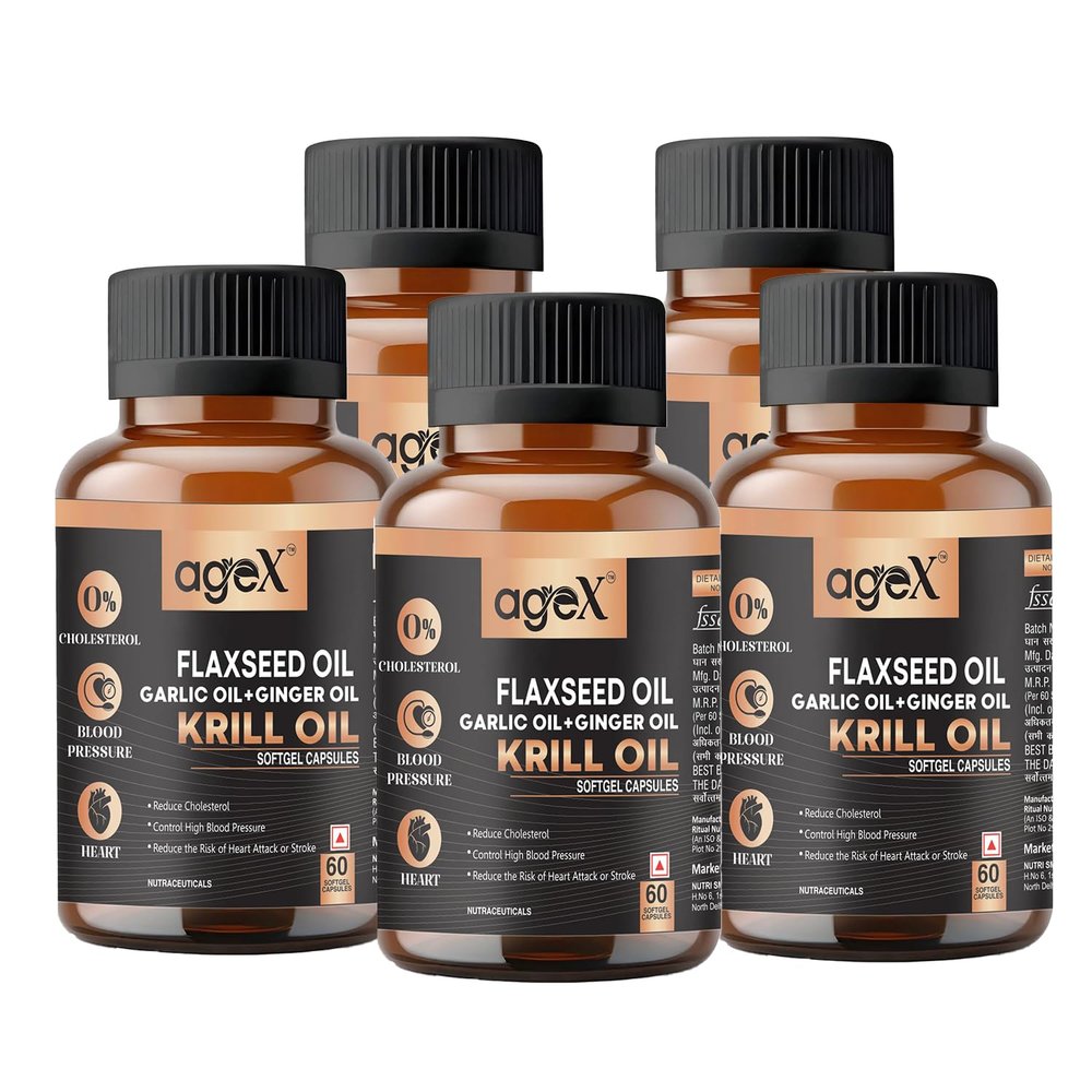AgeX Flex Power Capsules: Flaxseed, Garlic, Ginger & Krill Oil - 300 Softgel Capsules | Nutritional Powerhouse for Vitality, Immunity, and Heart Health (Pack of 5)