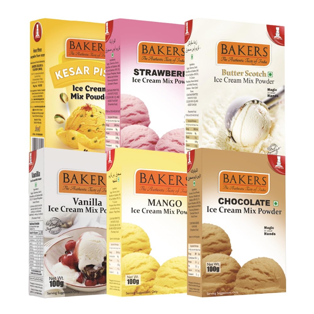 Bakers 6 Flavors Ice Cream Powder Combo (100g Each) - Vanilla, Mango, Chocolate, Kesar Pista, Strawberry, Butterscotch | Ready in 10 Mins | No Preservatives | Homemade Ice Cream Mix