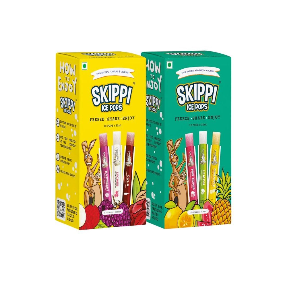 Skippi Ice Pops Combo Pack of 2  Natural Ice Popsicles | Fruity Flavours (Raspberry, Lychee, Cola + Pink Guava, Lemon, Pineapple) | 24 Pops (2 x 12 x 32ml) | 100% Natural | No Artificial Colours, Flavours or Preservatives | Gluten-Free | Made in Ind