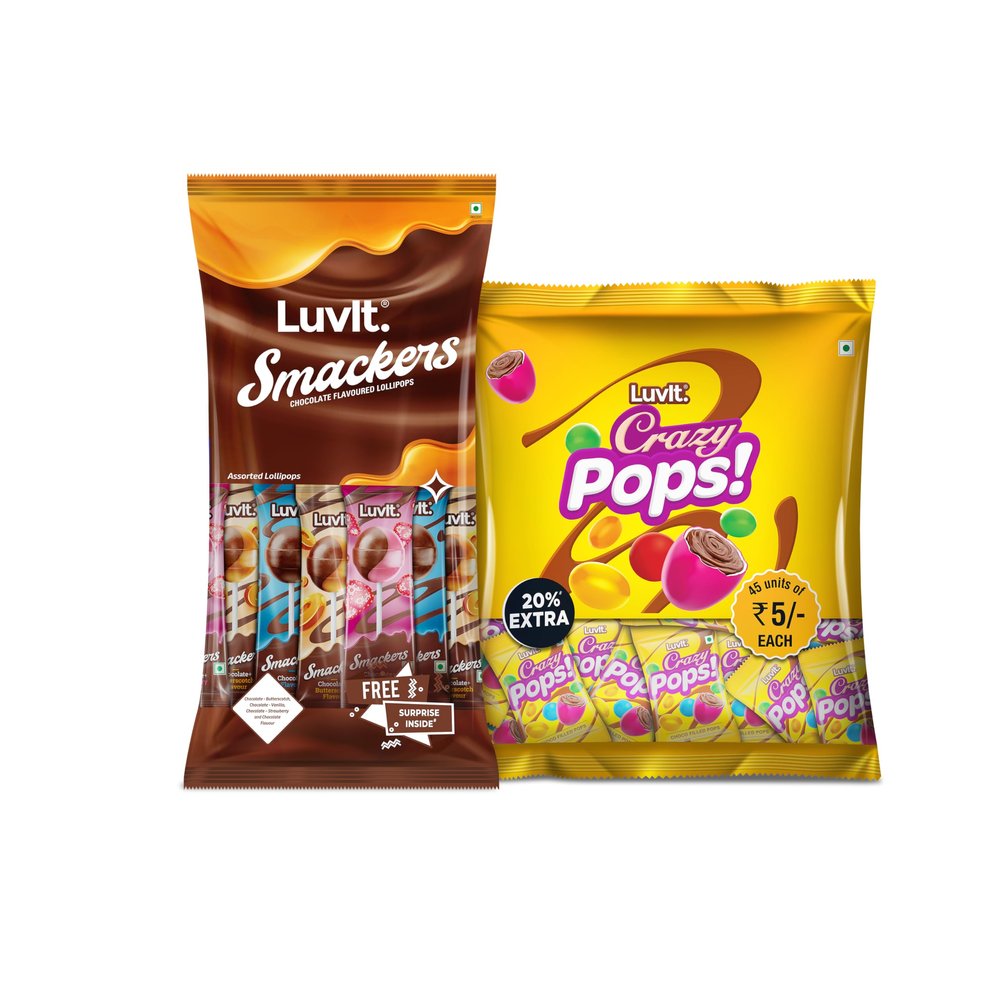 LuvIt. Smackers Chocolate Flavoured Lollipops Assorted Pack of 48 & Crazy Pops Button Shaped Treats Pack of 45