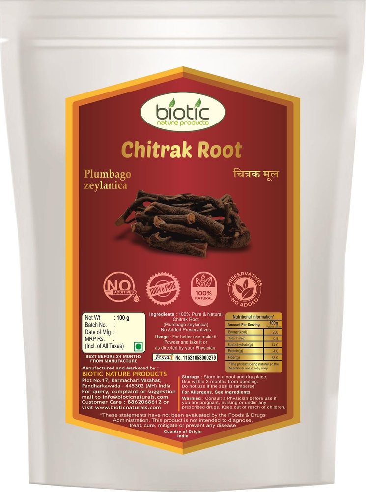 Biotic Natural Chitrak Root - Chitramoola Root - Plumbago zeylanica - Chitrakmool - Chitrak Mool - Chita Mool - 100gm