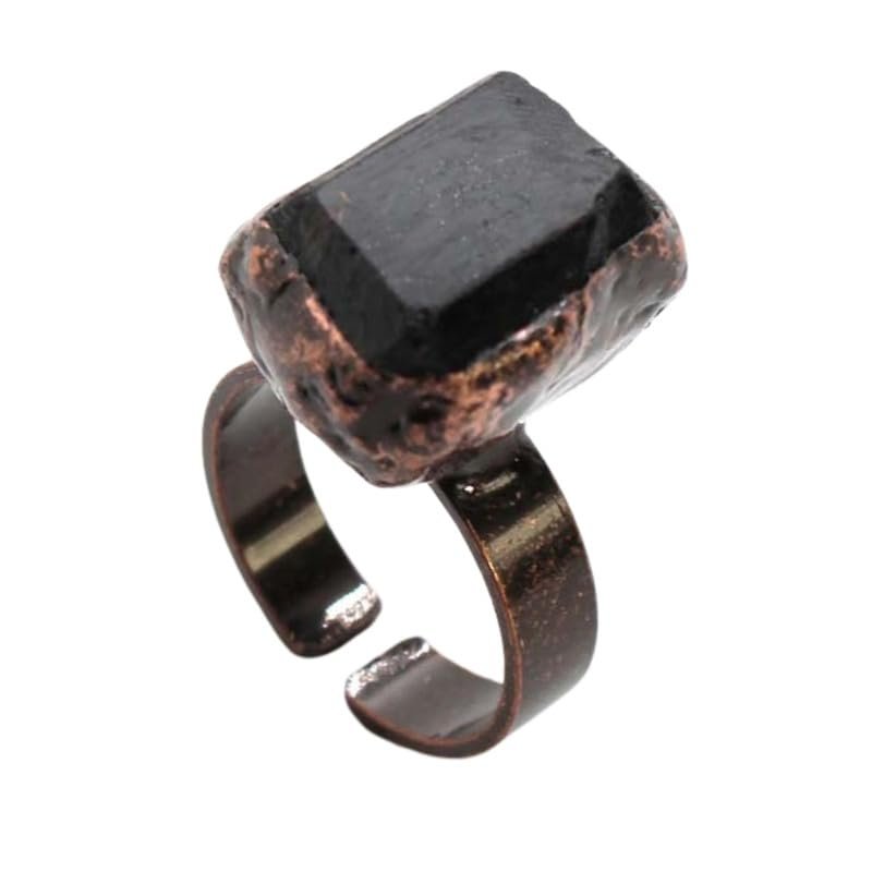 Honmin Black Tourmaline Rough Stone Adjustable Ring | Natural Healing Crystal Fashion Hand Jewelry for Men & Women