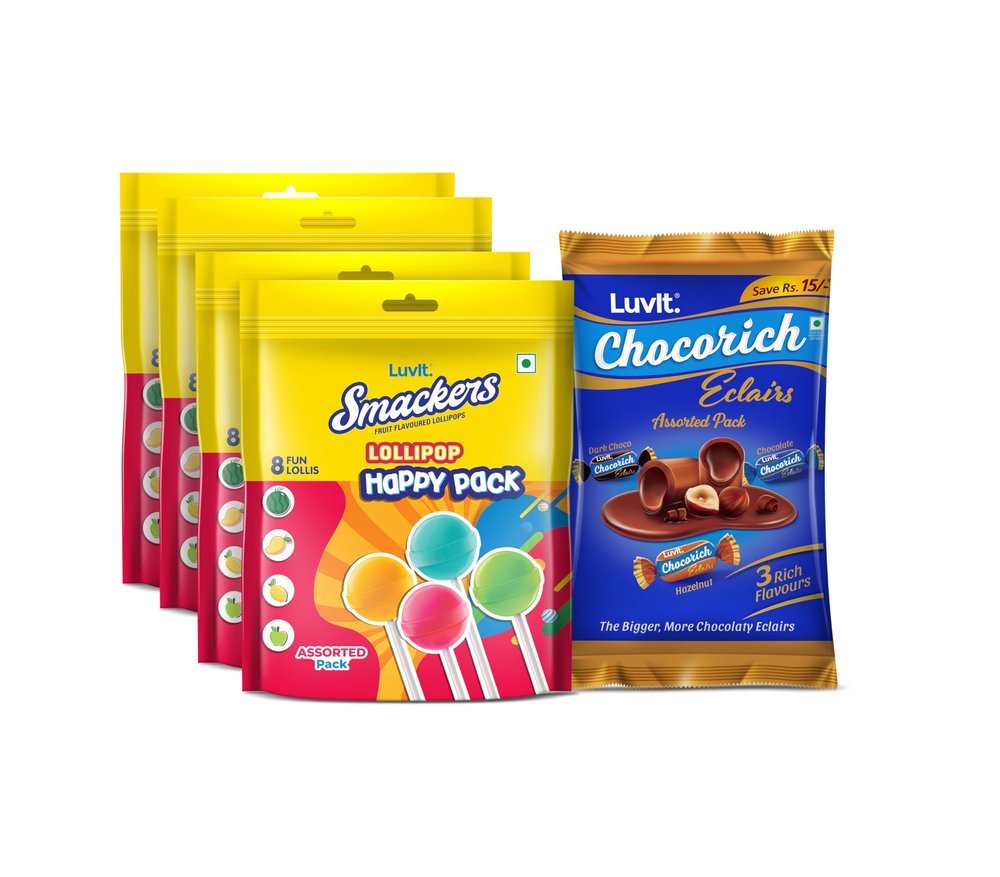 LuvIt. Smackers Fruit Lollipops with Surprise Toys (4 x 96g) & Chocorich Assorted Eclairs (Hazelnut, Dark, Classic  60 pcs, 480g) | Chocolates & Candies Birthday Party Combo Pack