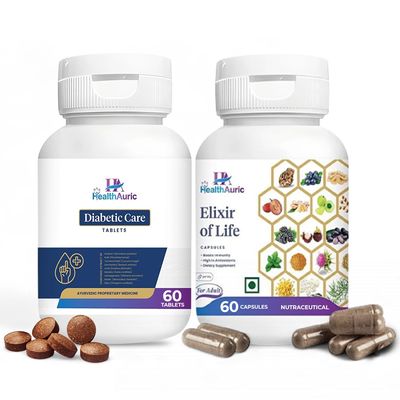 Healthauric Diabetic Care & Elixir of Life Combo  Blood Sugar Support, Gastric Relief, Immunity Boost, pH Balance & Nutritional Wellness  2x60 Capsules