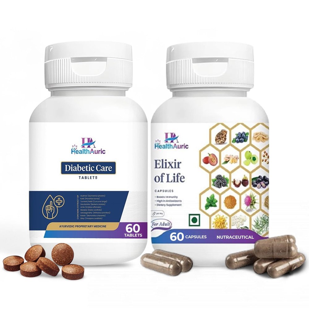 Healthauric Diabetic Care & Elixir of Life Combo Blood Sugar Support, Gastric Relief, Immunity Boost, pH Balance & Nutritional Wellness 2x60 Capsules